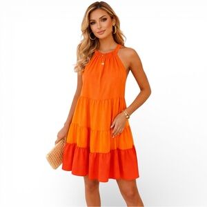 HYFVE Orange Ombre Tiered Halter Mini Dress L Tie-Back Neck Boho Summer Sundress